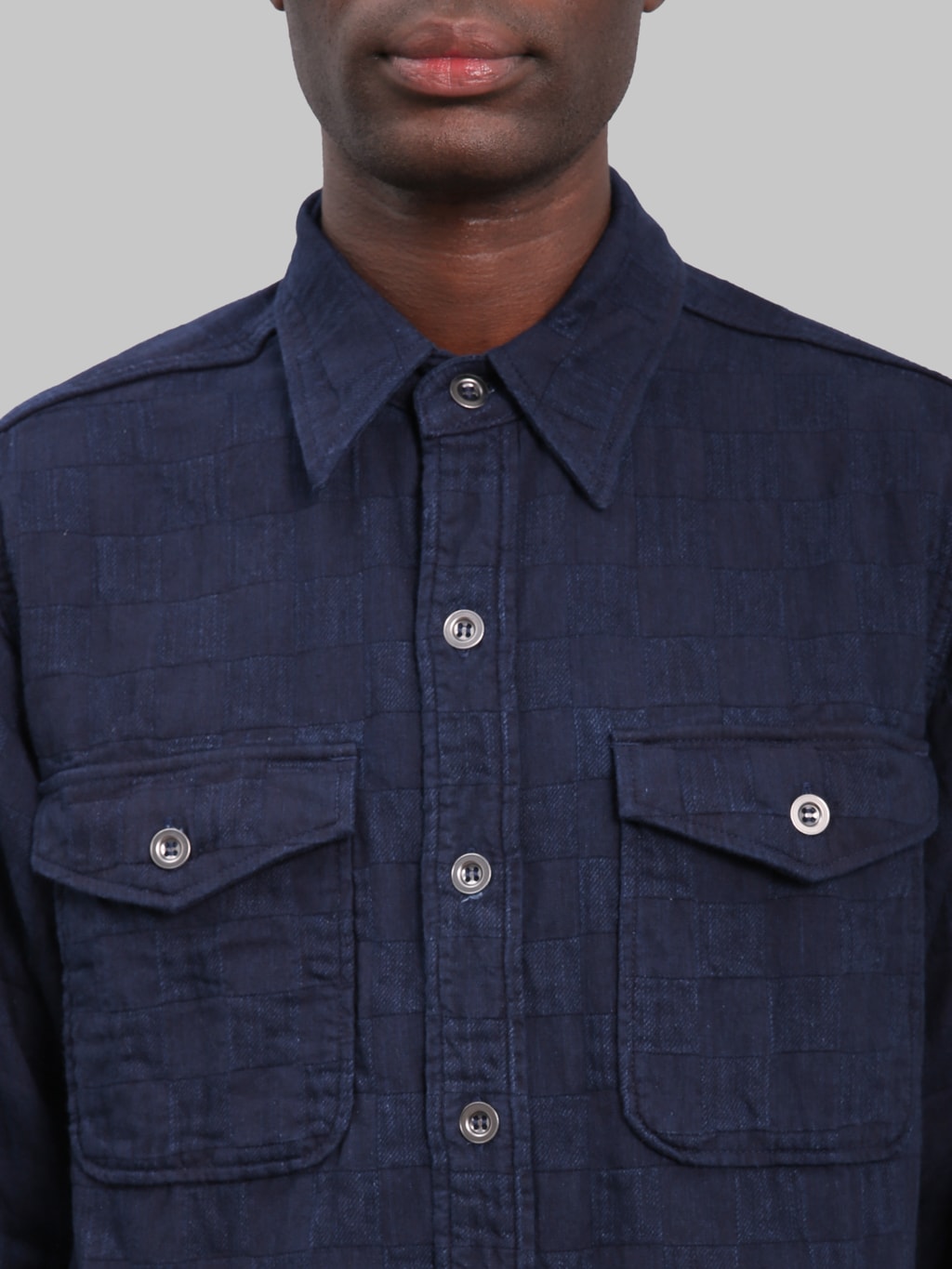 Graph Zero Officer Indigo Plaid Long Sleeve Shirt front pockets