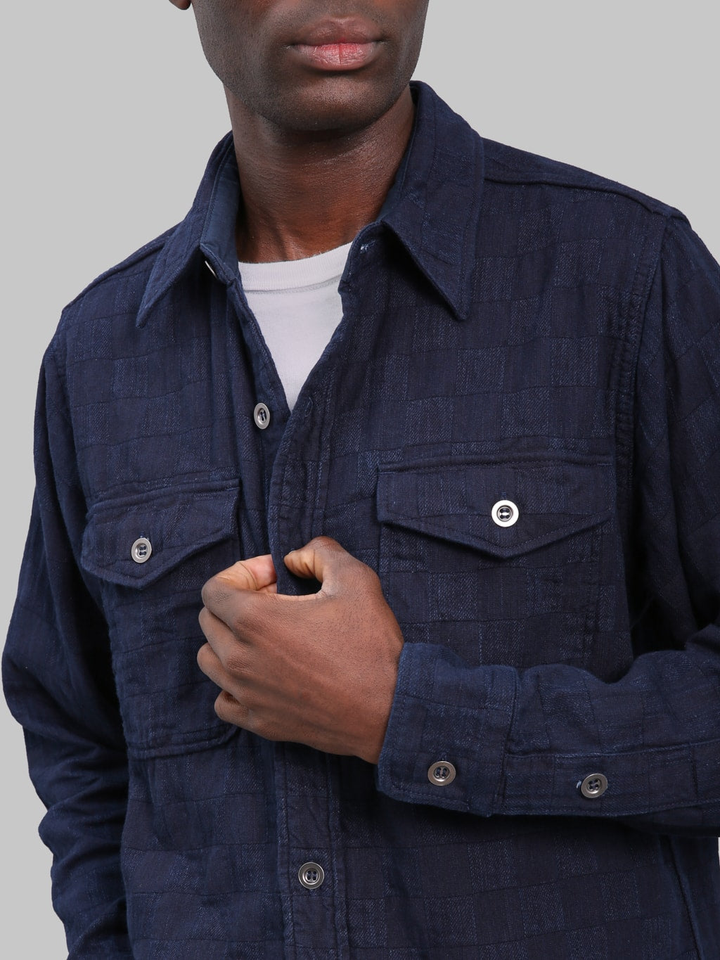 Graph Zero Officer Indigo Plaid Long Sleeve Shirt chest