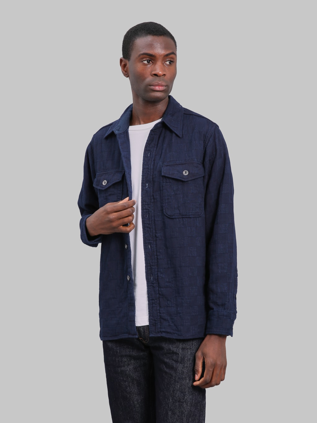 Graph Zero Officer Indigo Plaid Long Sleeve Shirt styled