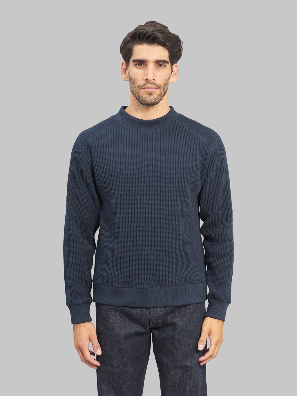 Jackman Waffle Midneck Sweater Dark Navy model front fit