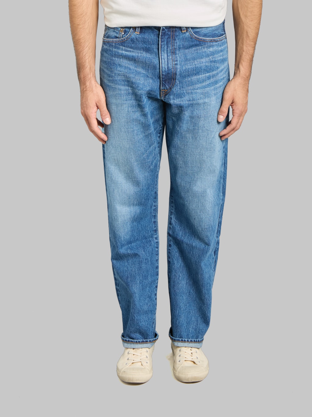 Japan Blue J501-MID 14.8oz US Cotton Stonewashed Circle Loose Straight Jeans Middle Indigo