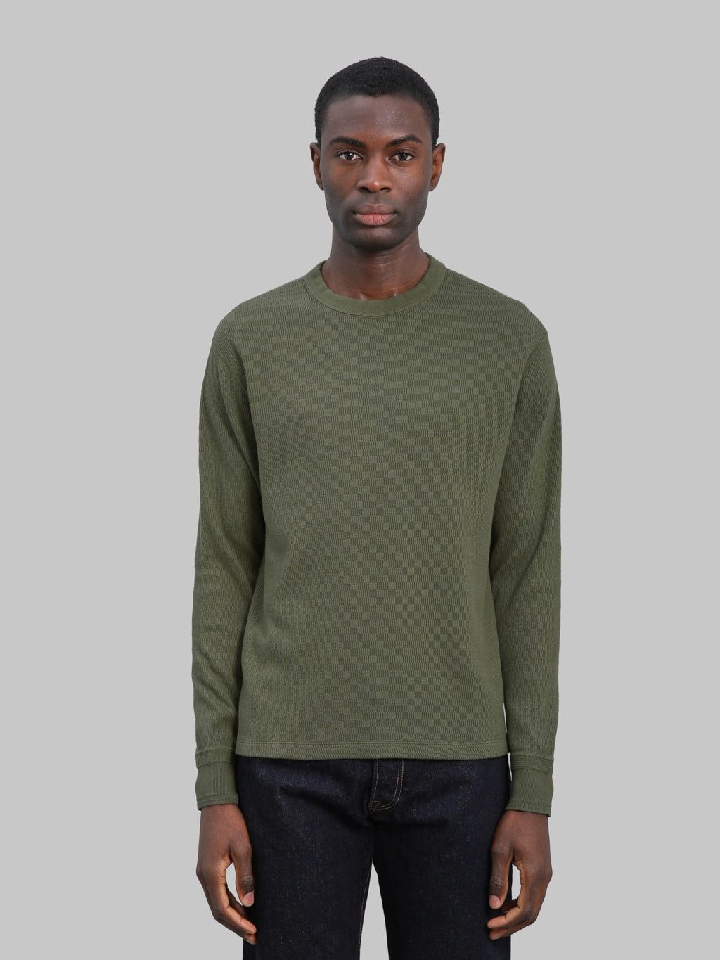 Loop & Weft Supima Long Honeycomb Knit Crewneck Thermal Army Olive - Redcast Heritage Co.
