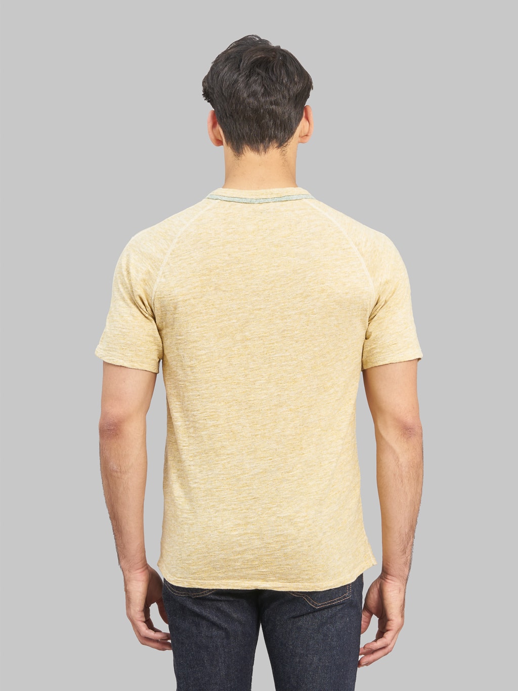loop and weft double binder neck heather slub knit tshirt mustard back