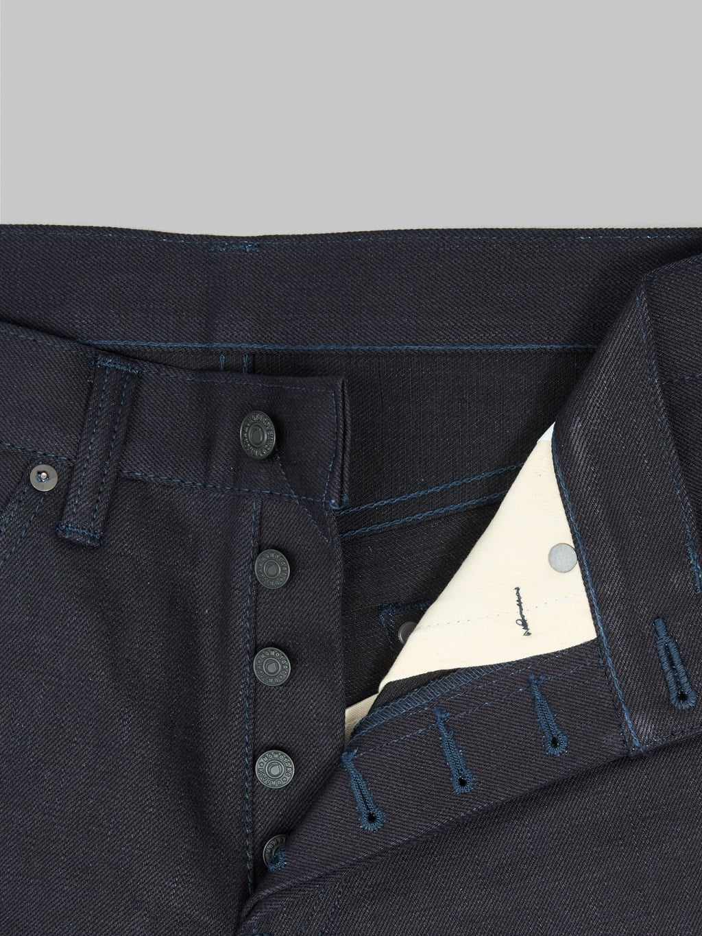 momotaro 0306 indigo x black tight tapered selvedge jeans buttons