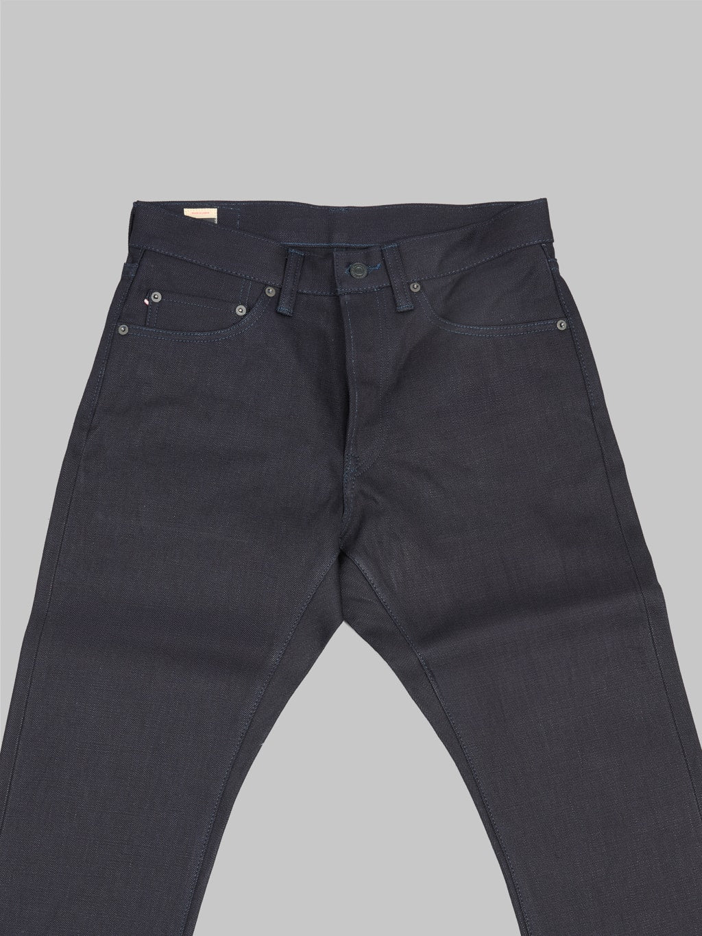 momotaro 0306 indigo x black tight tapered selvedge jeans front details