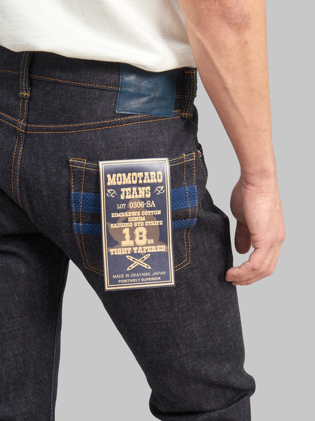 Momotaro 0306 SA 18oz Tight Tapered Sashiko GTB back pocket