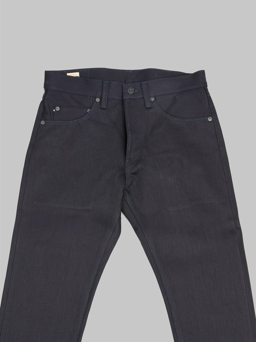 momotaro 0405 indigo x black selvedge high tapered jeans front details