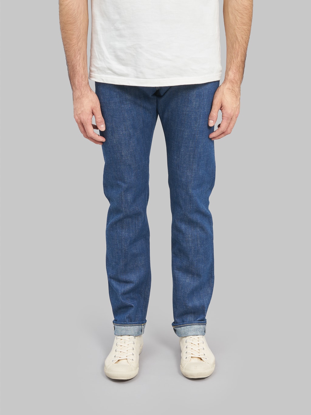 momotaro 0605 ai natural indigo dyed natural tapered denim jeans front fit