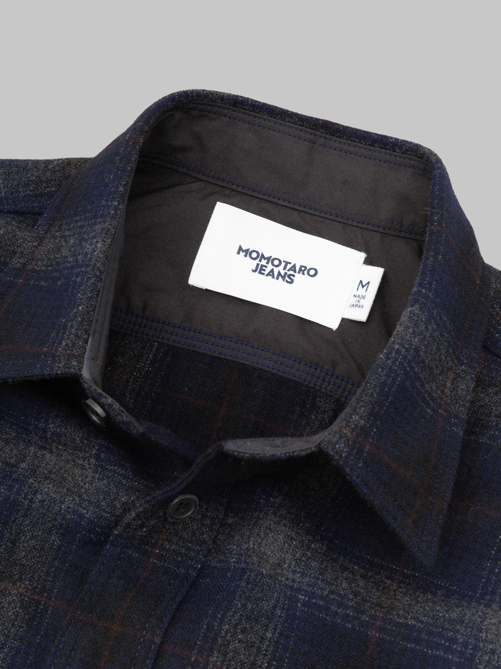Momotaro Jeans MMLS6001 Wool Cashmere Ombre Check Shirt Navy tag