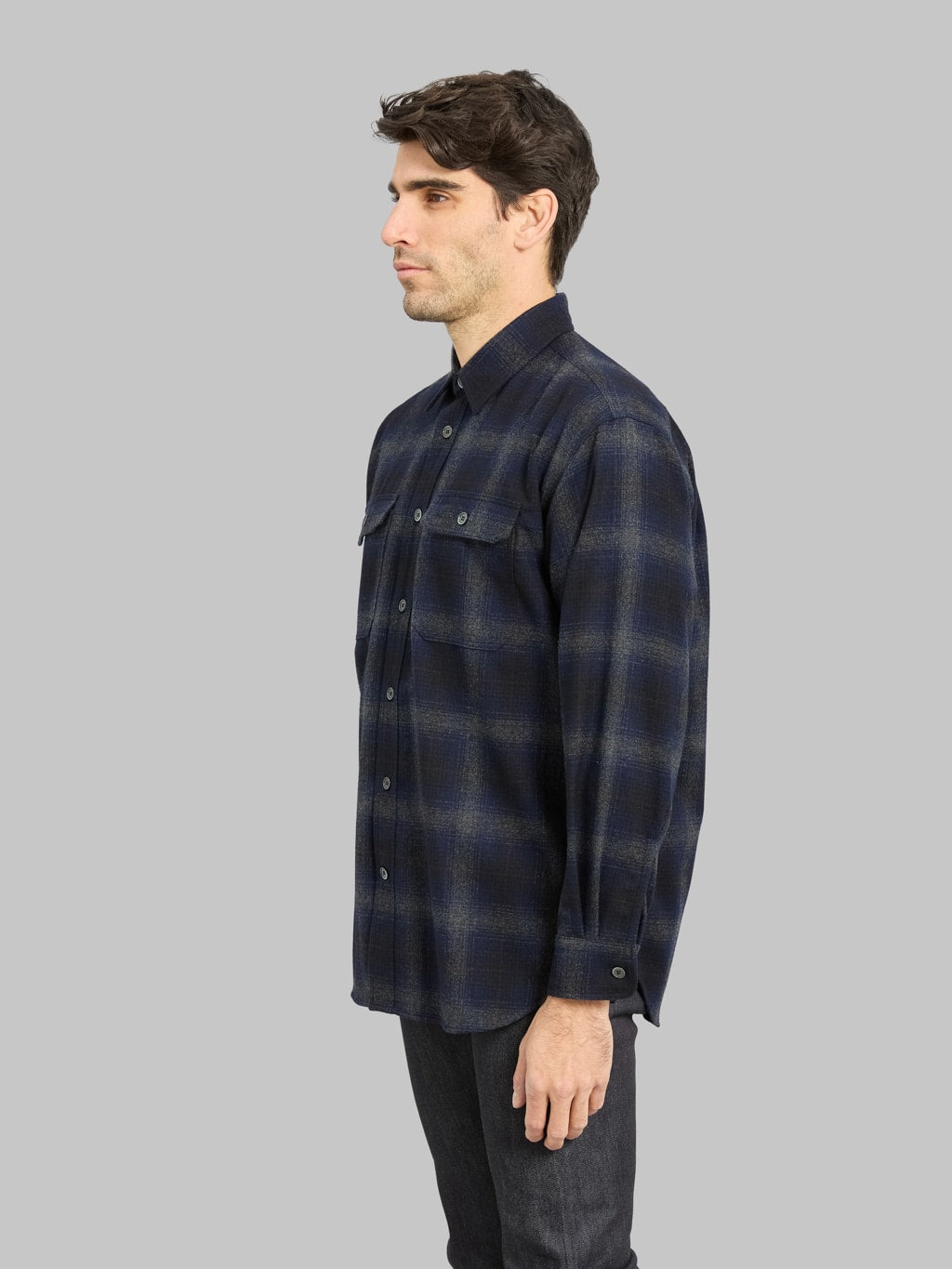 Momotaro Jeans MMLS6001 Wool Cashmere Ombre Check Shirt Navy  side fit