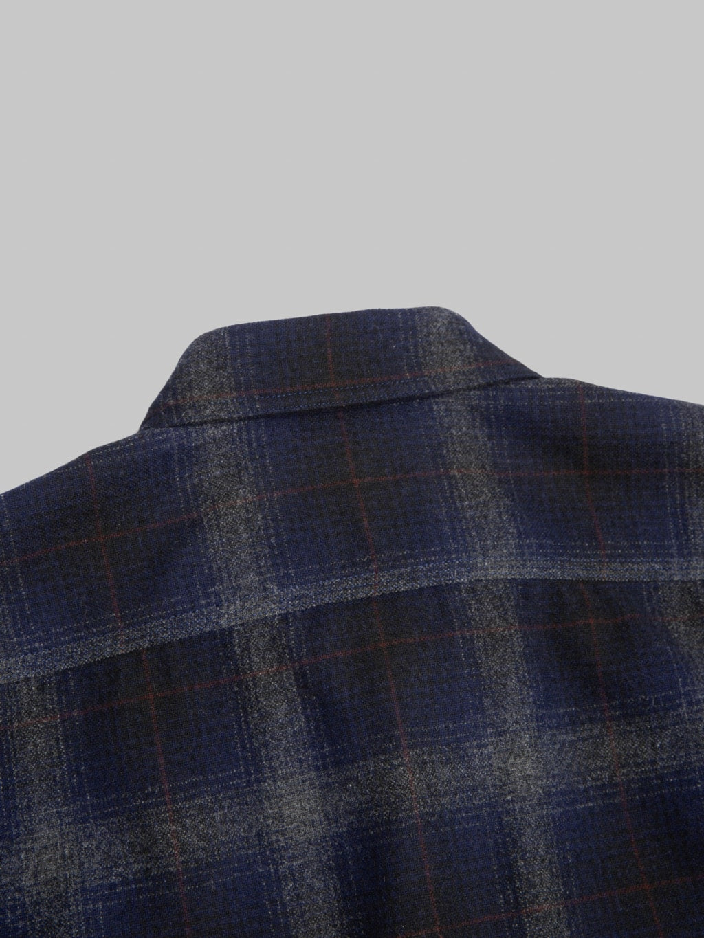  Momotaro Jeans MMLS6001 Wool Cashmere Ombre Check Shirt Navy back collar