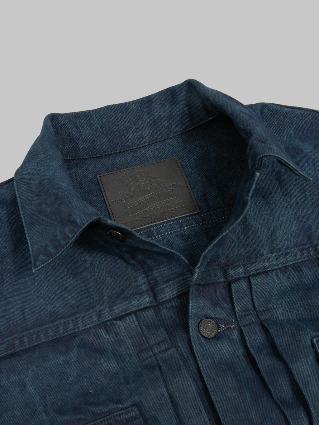 momotaro mud natural indigo dyed type 2 selvedge denim jacket leather patch