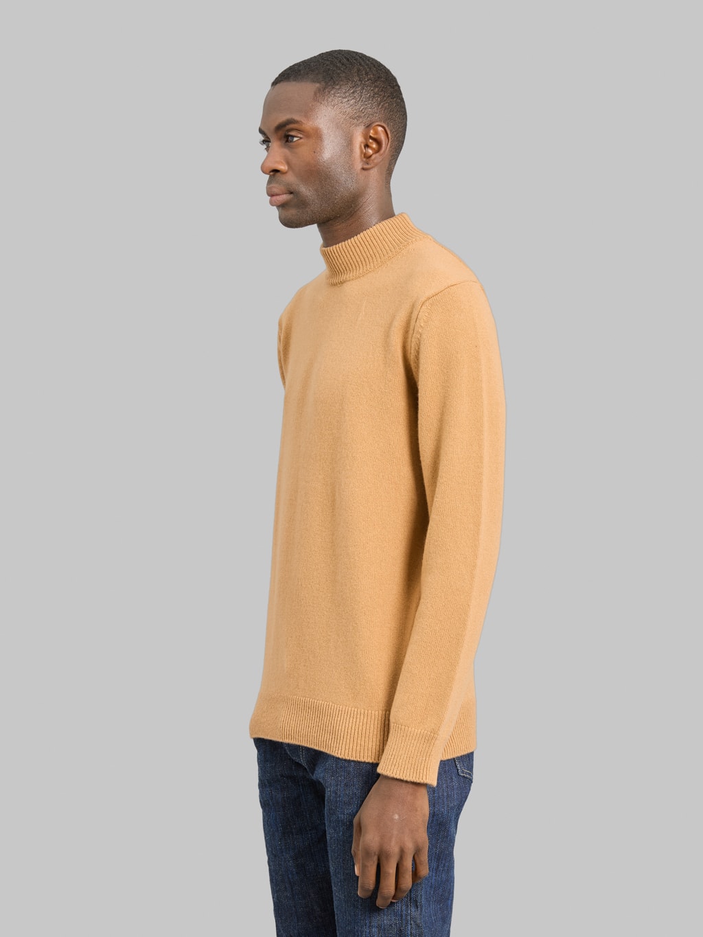 Mooncastle 7G Cashmere Silk Wool Mockneck Pullover Camel side fit