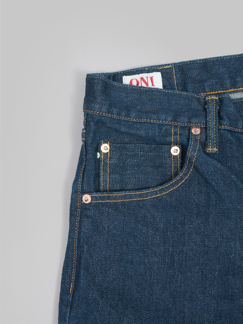 oni 121s ishikawadai stretch selvedge jeans relax tapered fabric closeup