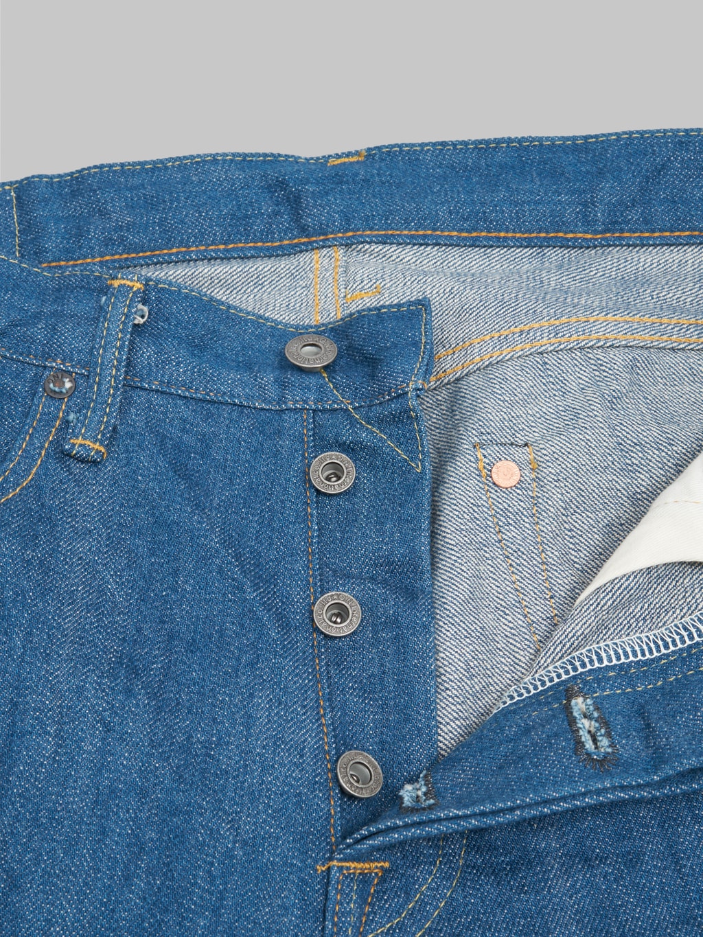 oni old faded blue denim classic straight jeans donut buttons