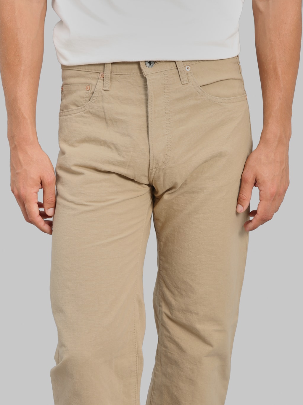 ONI Denim 200 Beta Chambray Beige 8oz Wide Straight Jeans waist