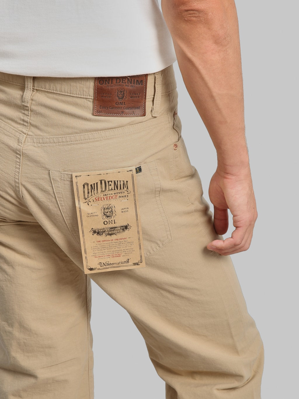 ONI Denim 200 Beta Chambray Beige 8oz Wide Straight Jeans back pocket