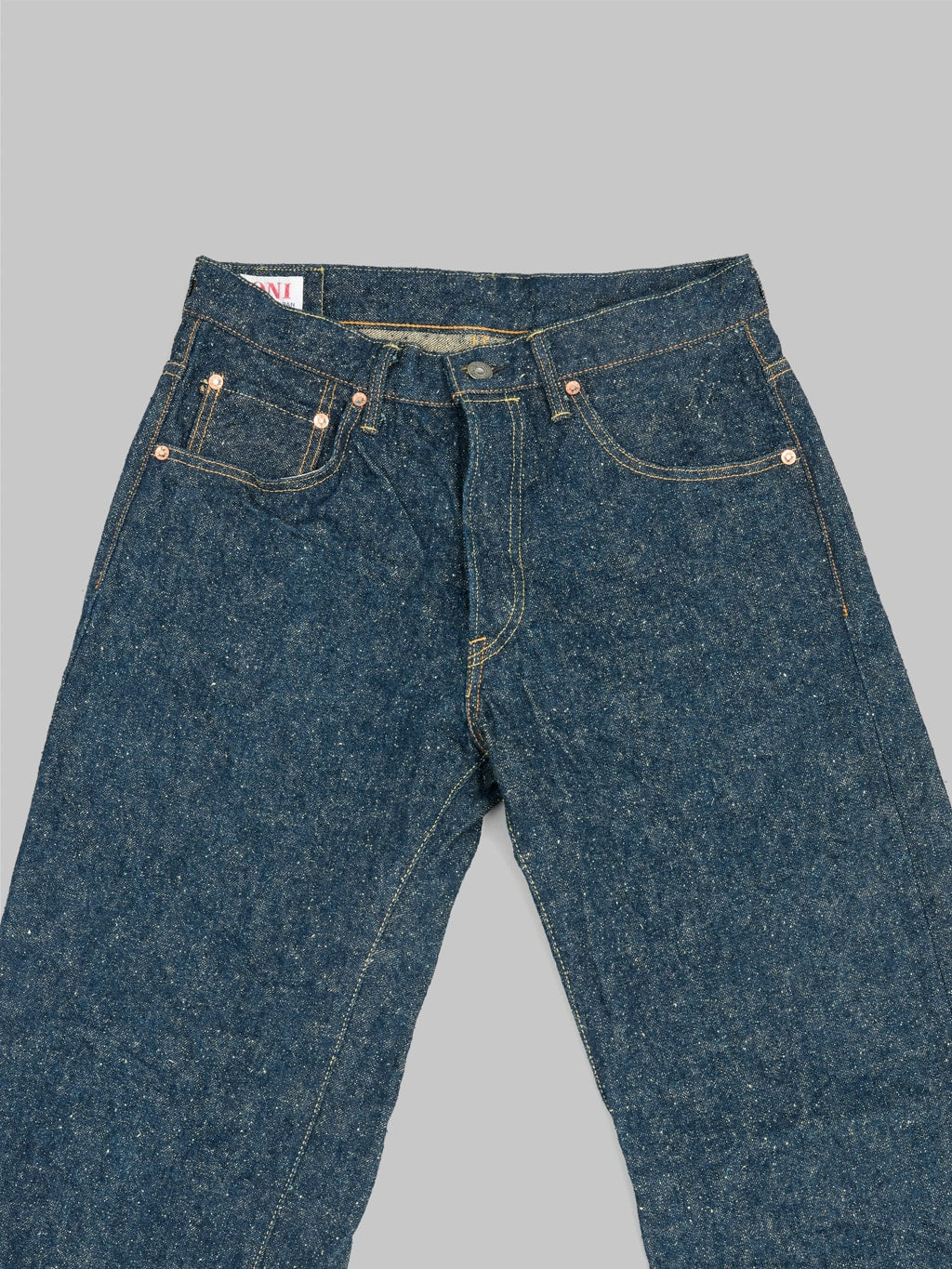 oni 200 kabuki crushed concrete denim wide straight selvedge jeans front details