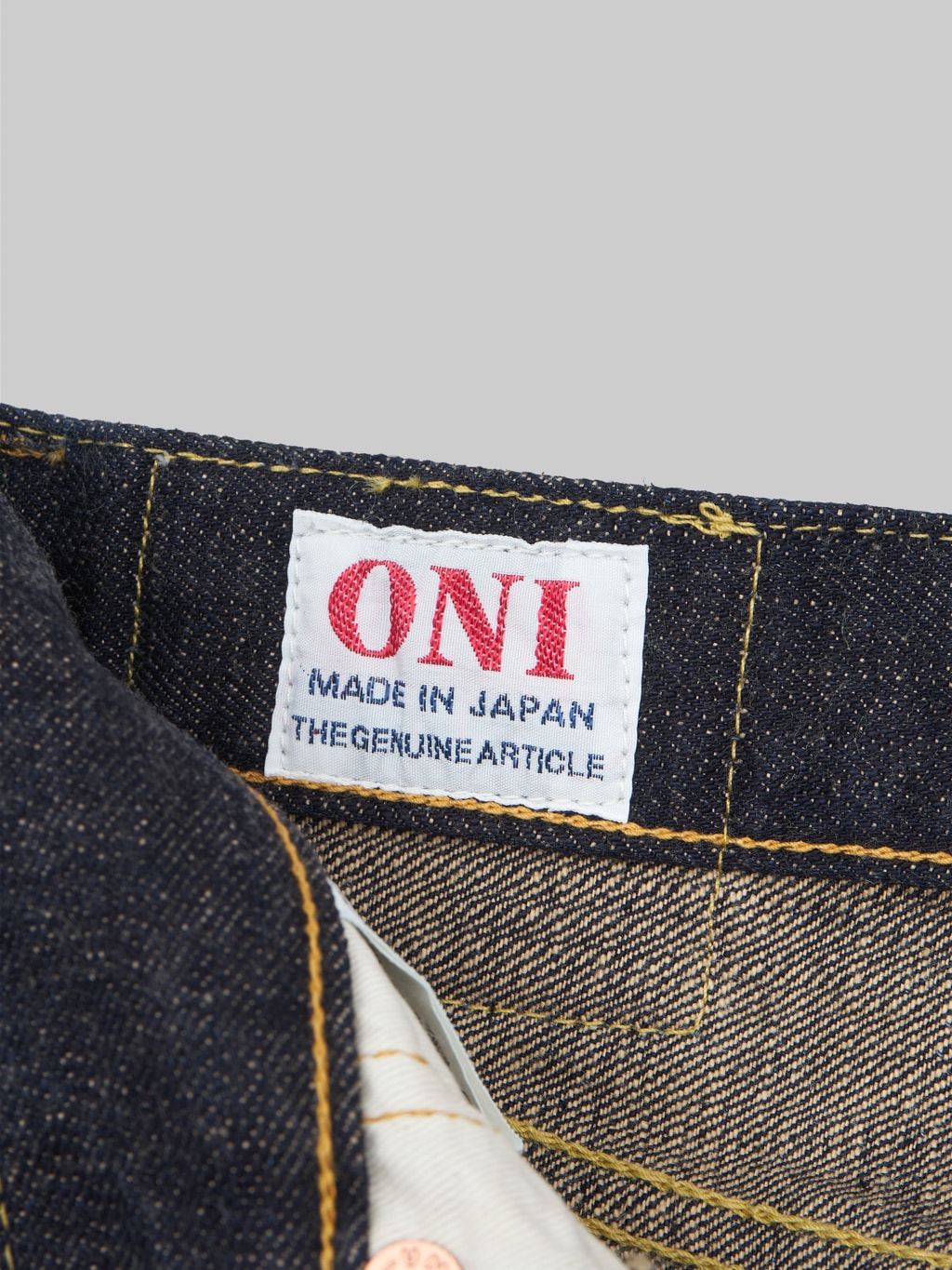 oni 200 kbe indigo beige 14oz wide straight jeans interior tag