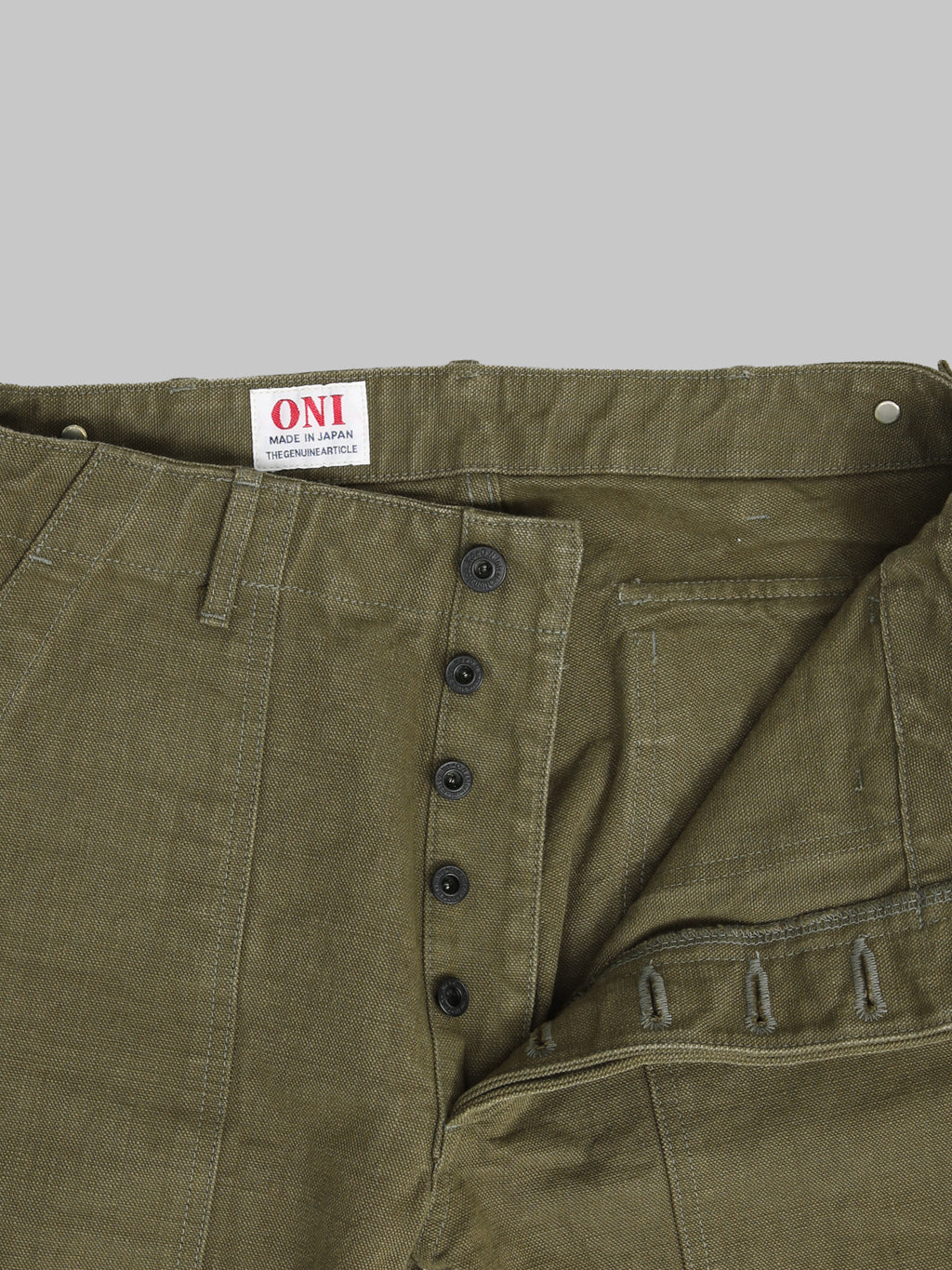 ONI Denim 207 HOXOLB 13oz Baker Pants Olive Brown buttons