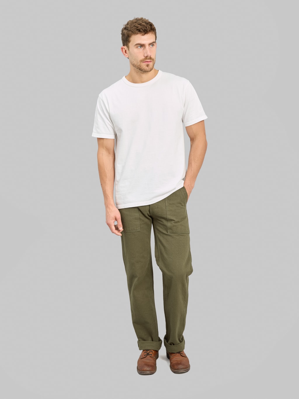 ONI Denim 207 HOXOLB 13oz Baker Pants Olive Brown styled