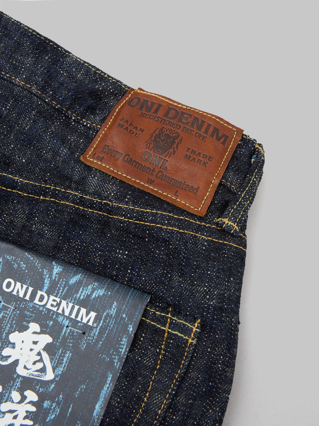 oni 246 kasuri 17oz selvedge denim neat straight jeans leather patch