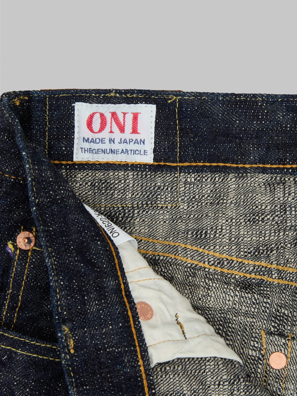 oni 246 kasuri 17oz selvedge denim neat straight jeans interior tag