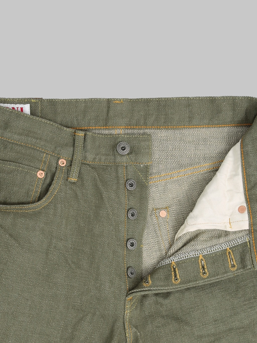 ONI Denim 266 OLD18 Olive Denim Straight Jeans copper buttons