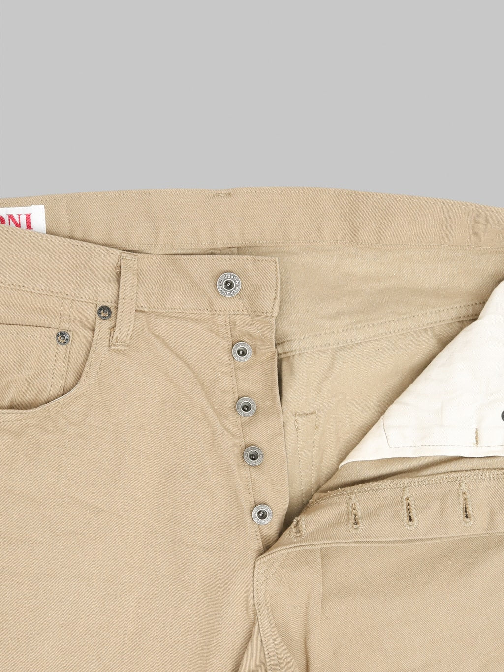 ONI 266SVC KHB 8oz Selvedge Chino Trouser Khaki Beige buttons