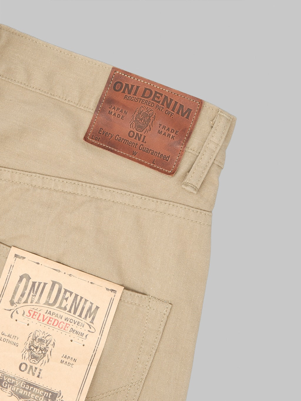 ONI 266SVC KHB 8oz Selvedge Chino Trouser Khaki Beige leather patch