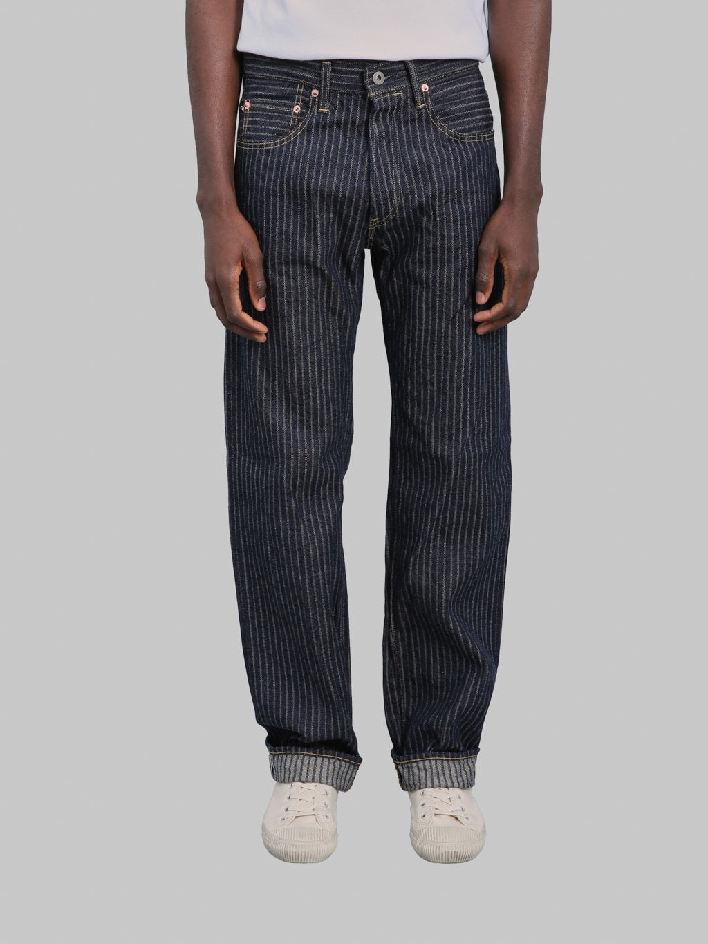ONI Denim 266HJS 12oz Jacquard Striped Relax Straight Jeans front fit