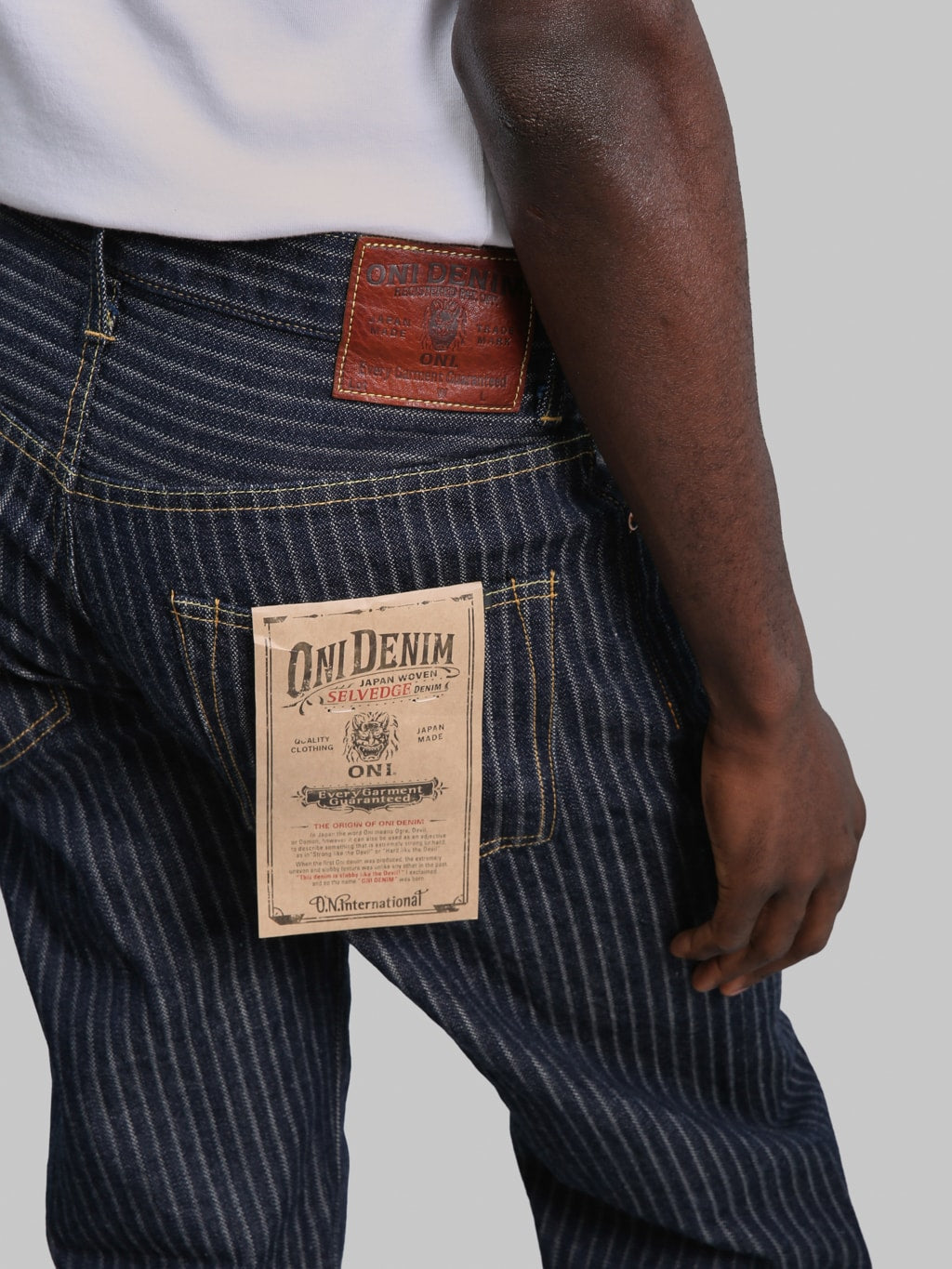 ONI Denim 266HJS 12oz Jacquard Striped Relax Straight Jeans back pocket