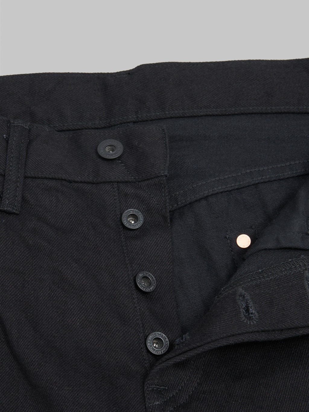 oni 286 jet black denim 13oz neat straight selvedge jeans  copper buttons