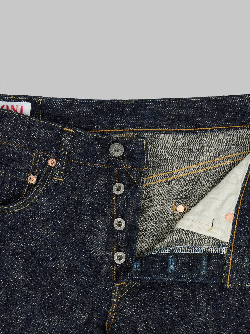 oni 622 kasuri 17oz selvedge denim relaxed tapered jeans buttons