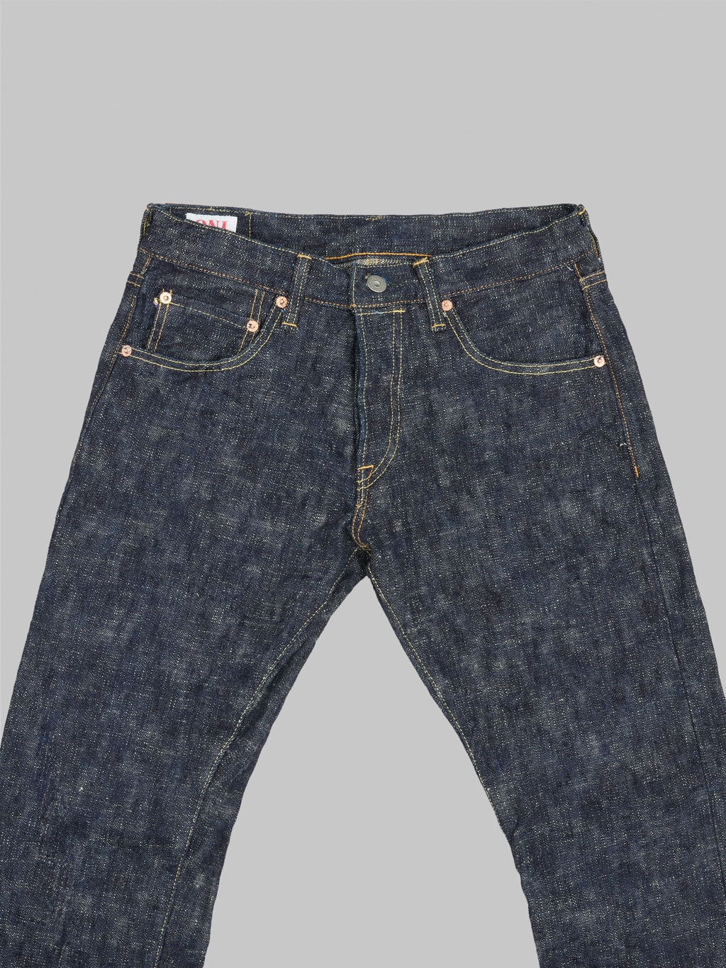 oni 622 kasuri 17oz selvedge denim relaxed tapered jeans front details