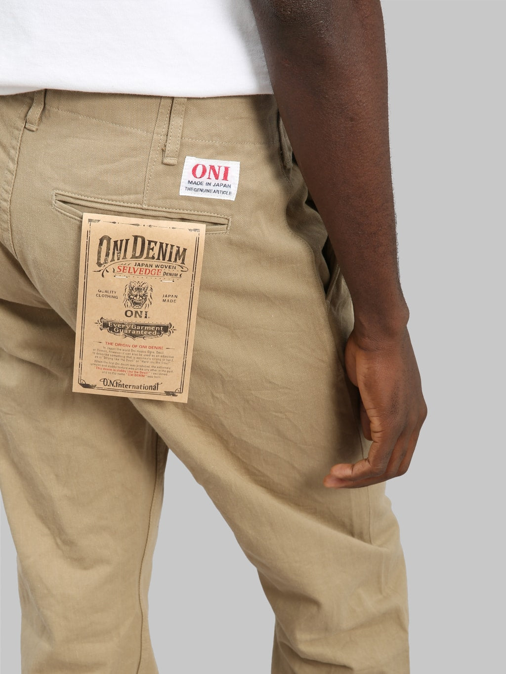 oni 737 selvedge chino trouser khaki beige wide back pocket