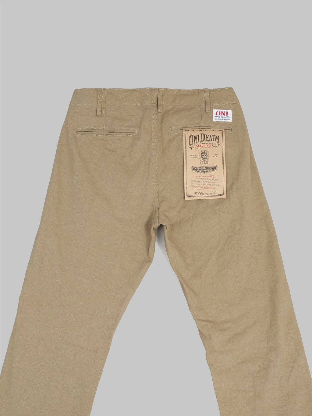 oni 737 selvedge chino trouser khaki beige wide back details