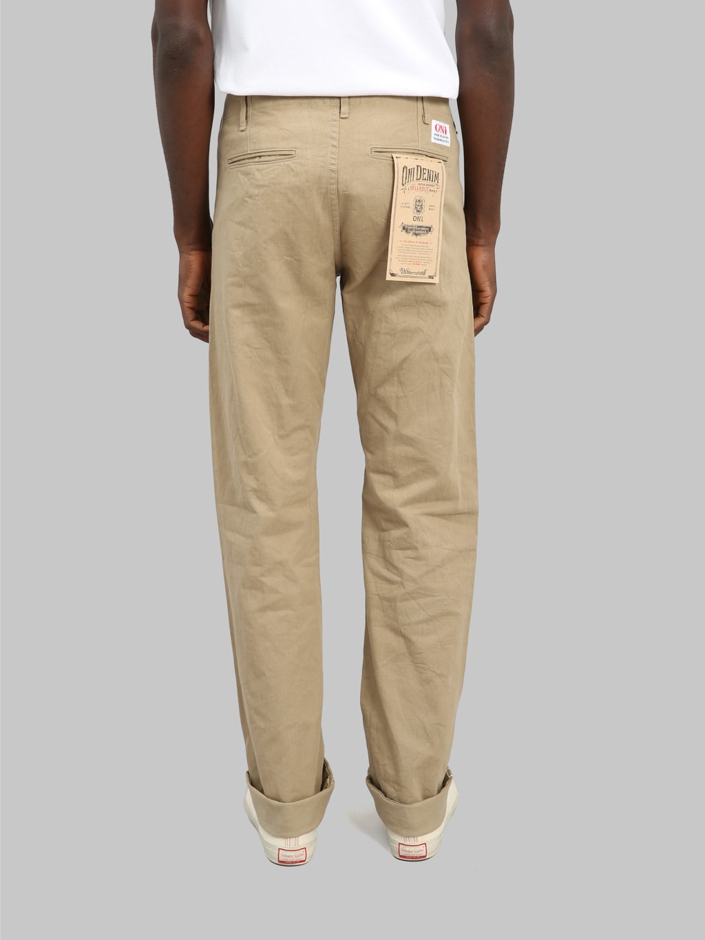 oni 737 selvedge chino trouser khaki beige wide back fit