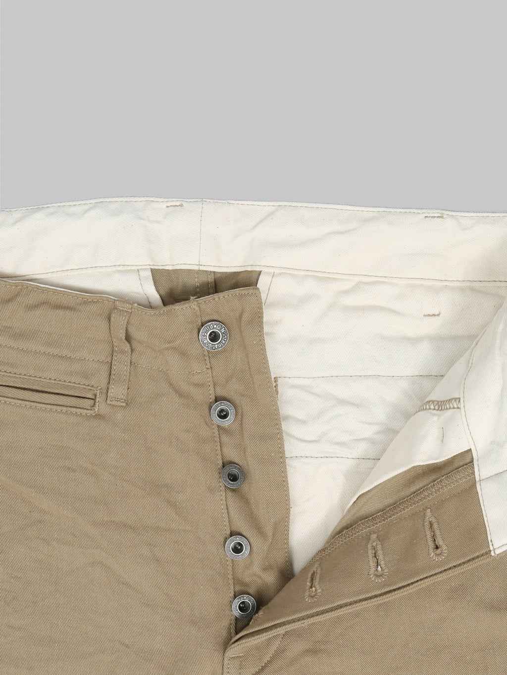 oni 737 selvedge chino trouser khaki beige wide buttons