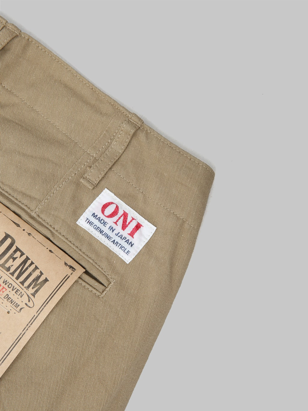 oni 737 selvedge chino trouser khaki beige wide brand label