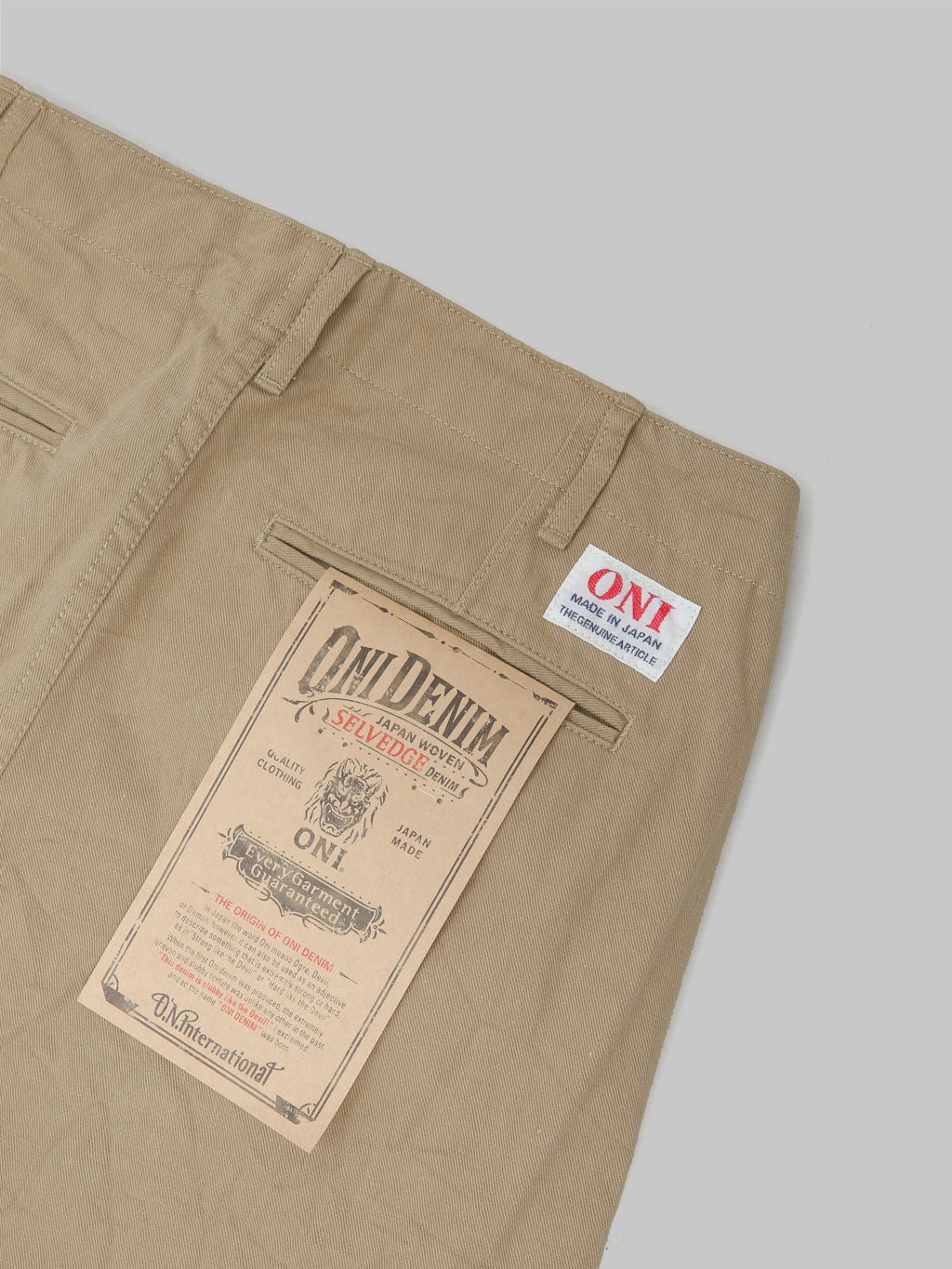 oni 737 selvedge chino trouser khaki beige wide pocket flasher