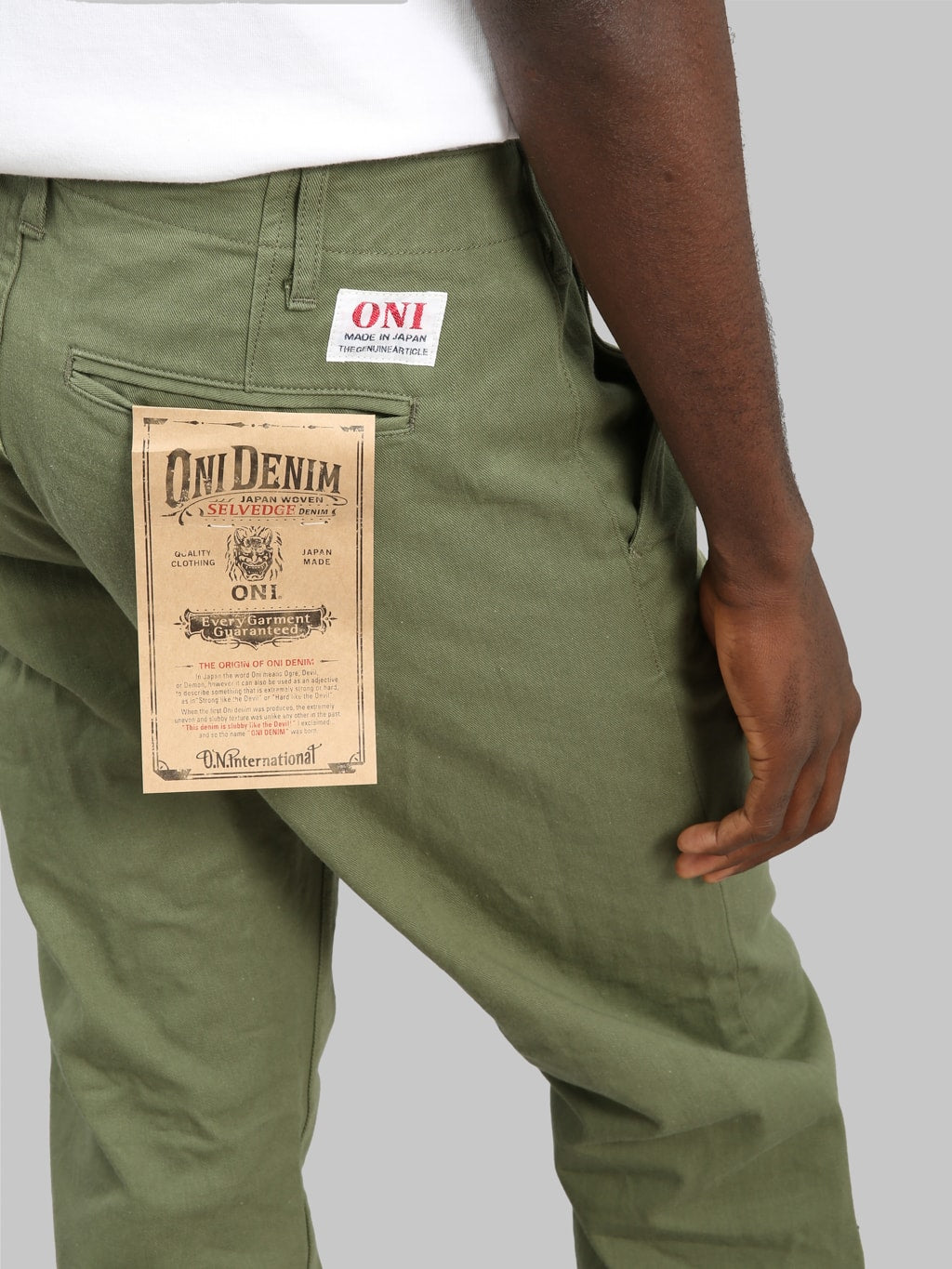 oni 737 selvedge chino trouser khaki light olive wide back pocket