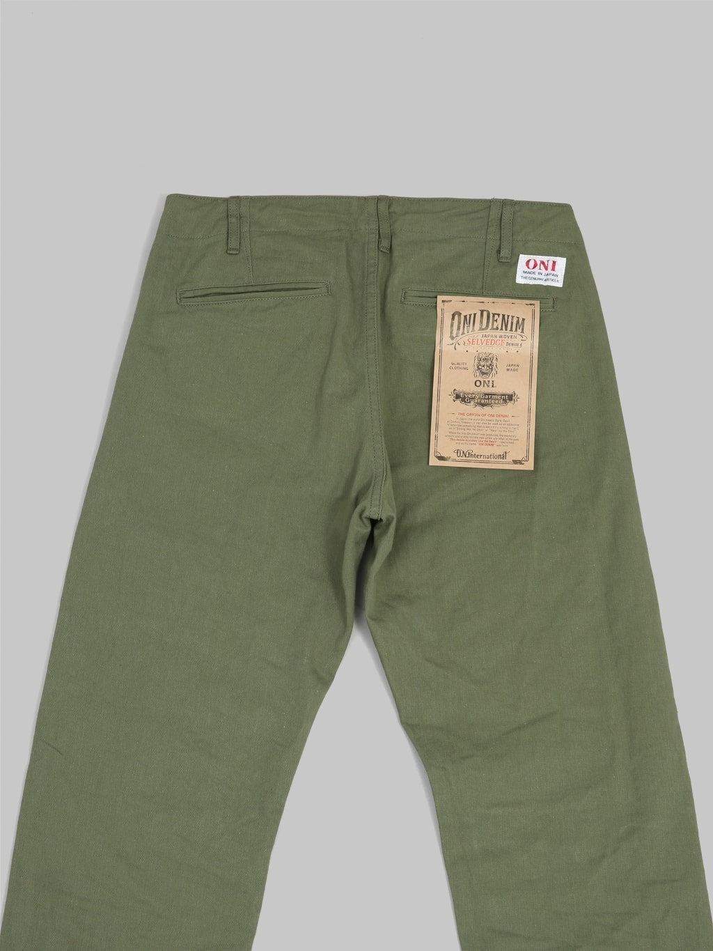 oni 737 selvedge chino trouser khaki light olive wide back details