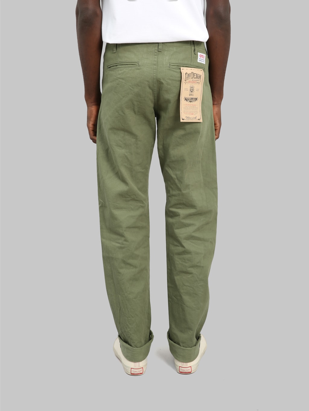 oni 737 selvedge chino trouser khaki light olive wide  back fit