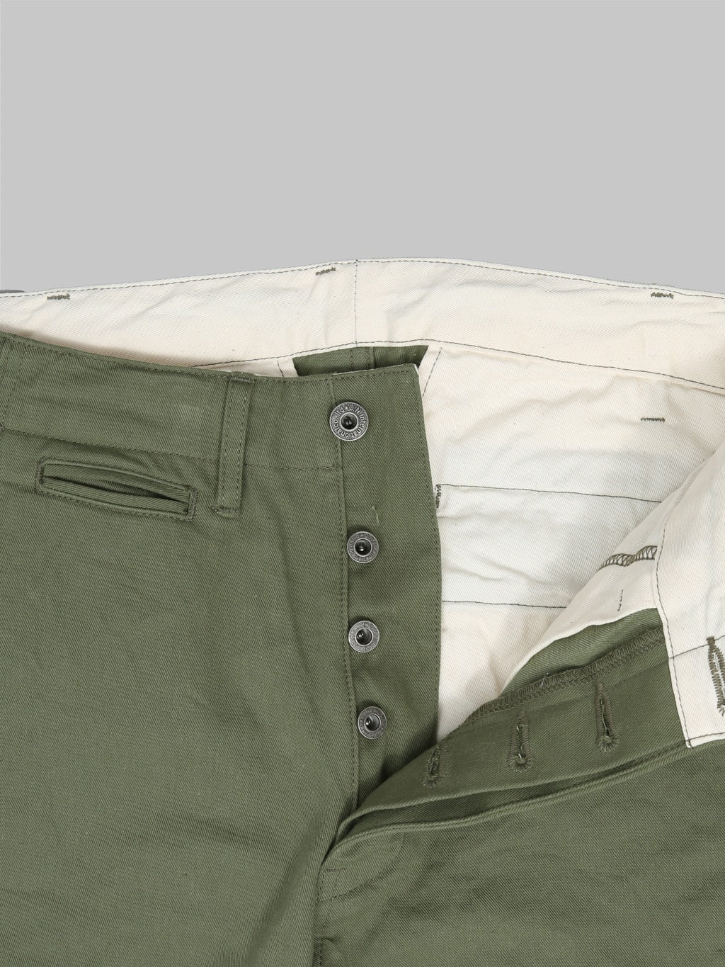 oni 737 selvedge chino trouser khaki light olive wide buttons