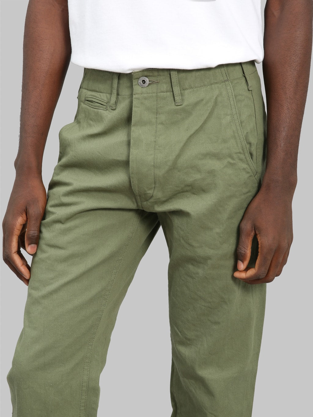 oni 737 selvedge chino trouser khaki light olive wide waist