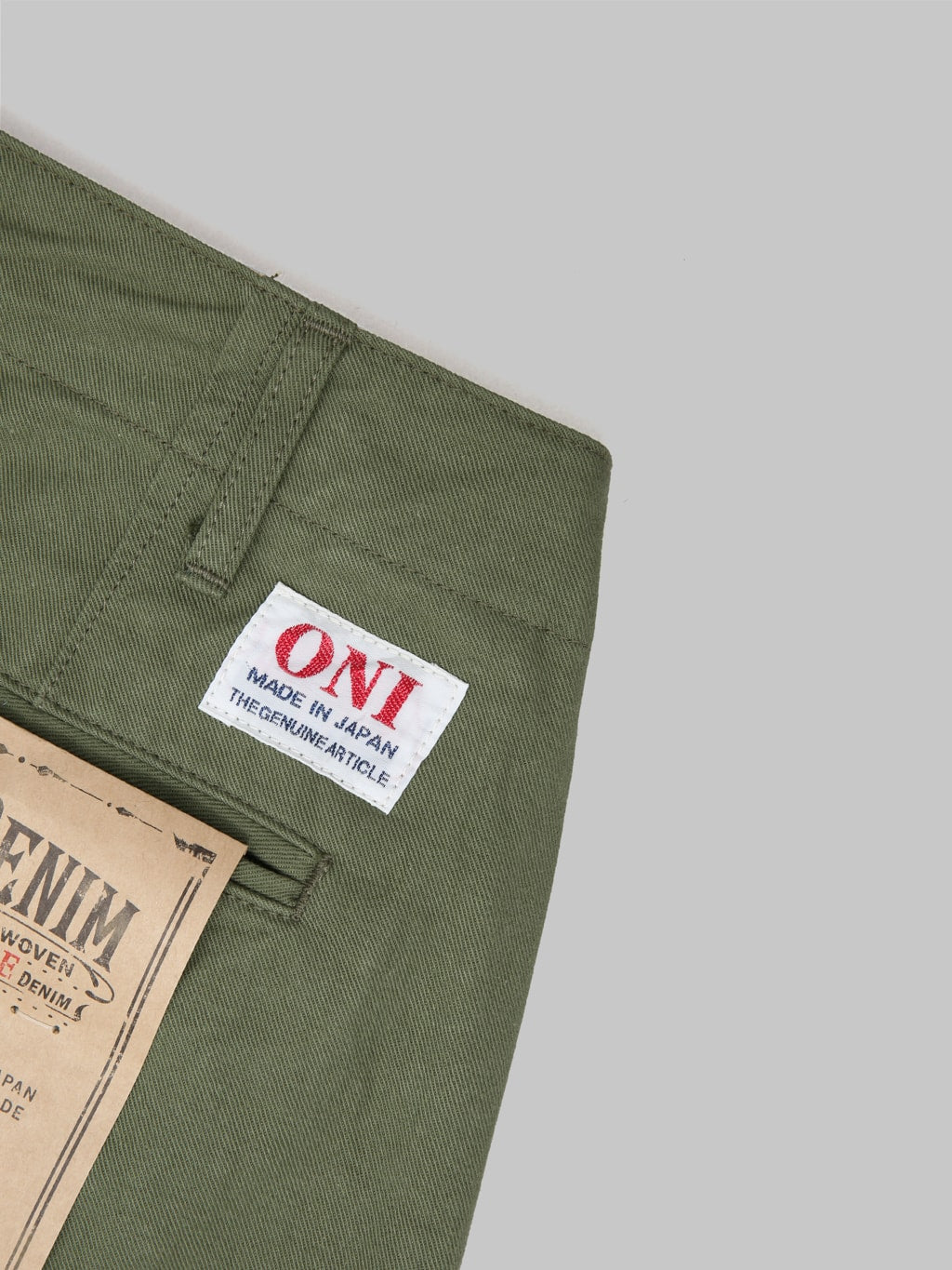 oni 737 selvedge chino trouser khaki light olive wide brand label