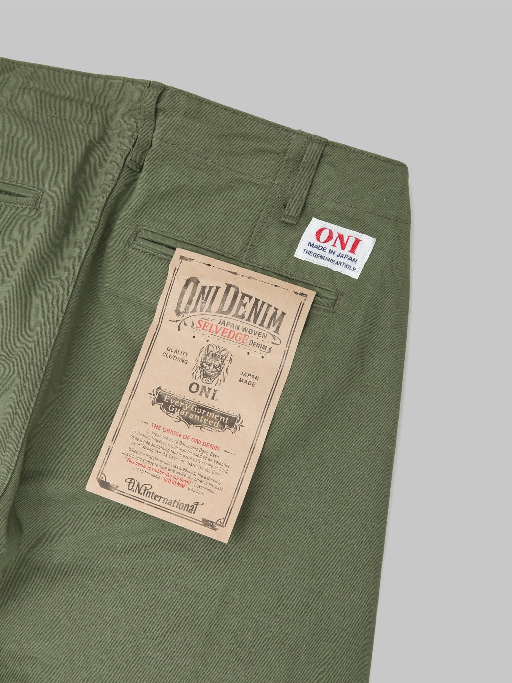 oni 737 selvedge chino trouser khaki light olive wide  pocket flasher