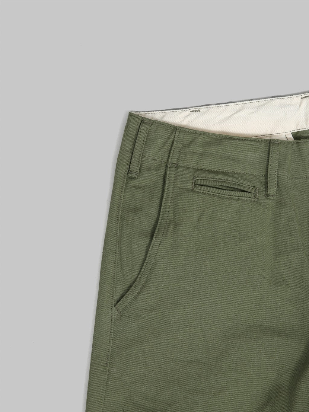 oni 737 selvedge chino trouser khaki light olive wide side pocket