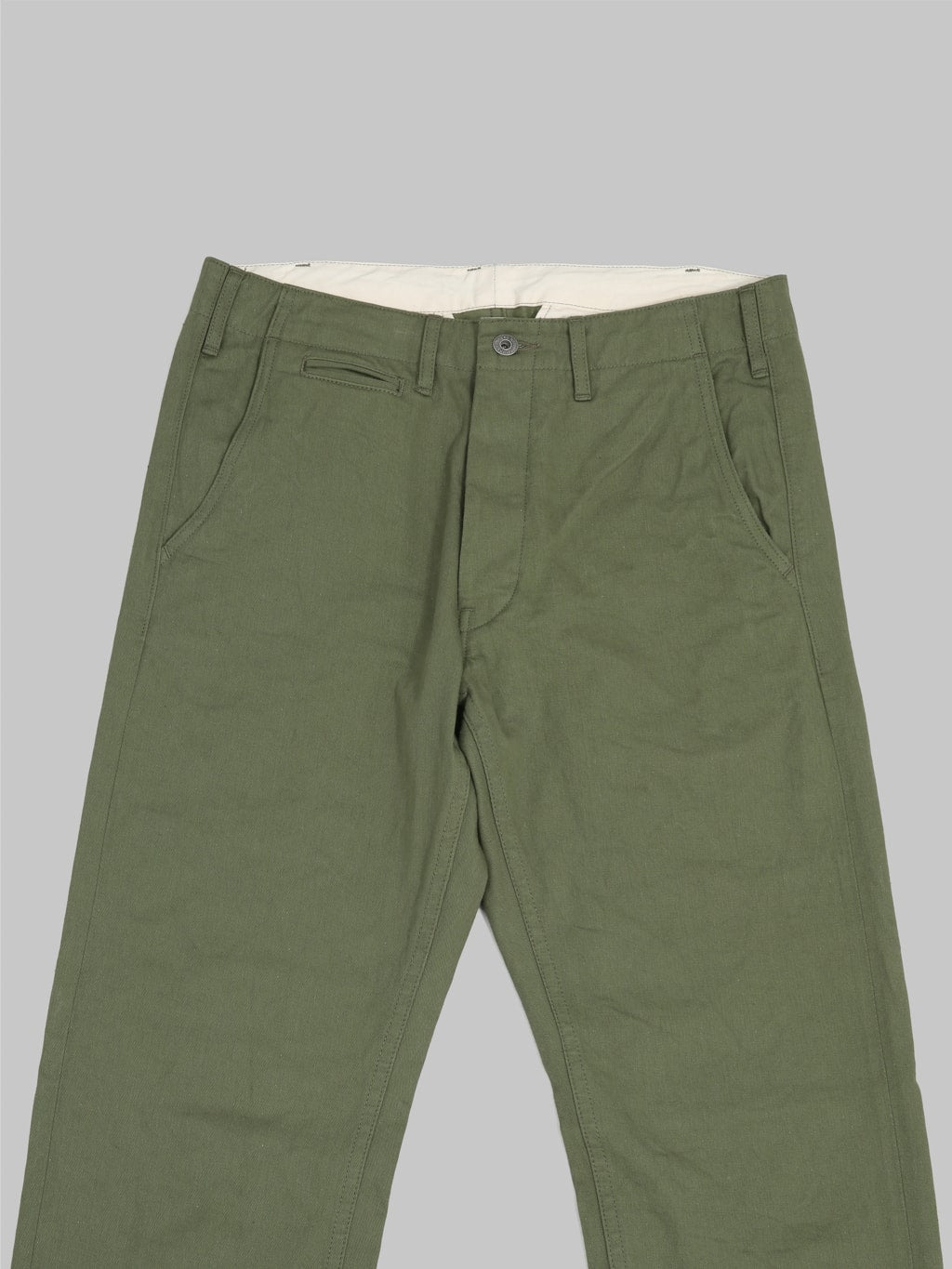 oni 737 selvedge chino trouser khaki light olive wide front details